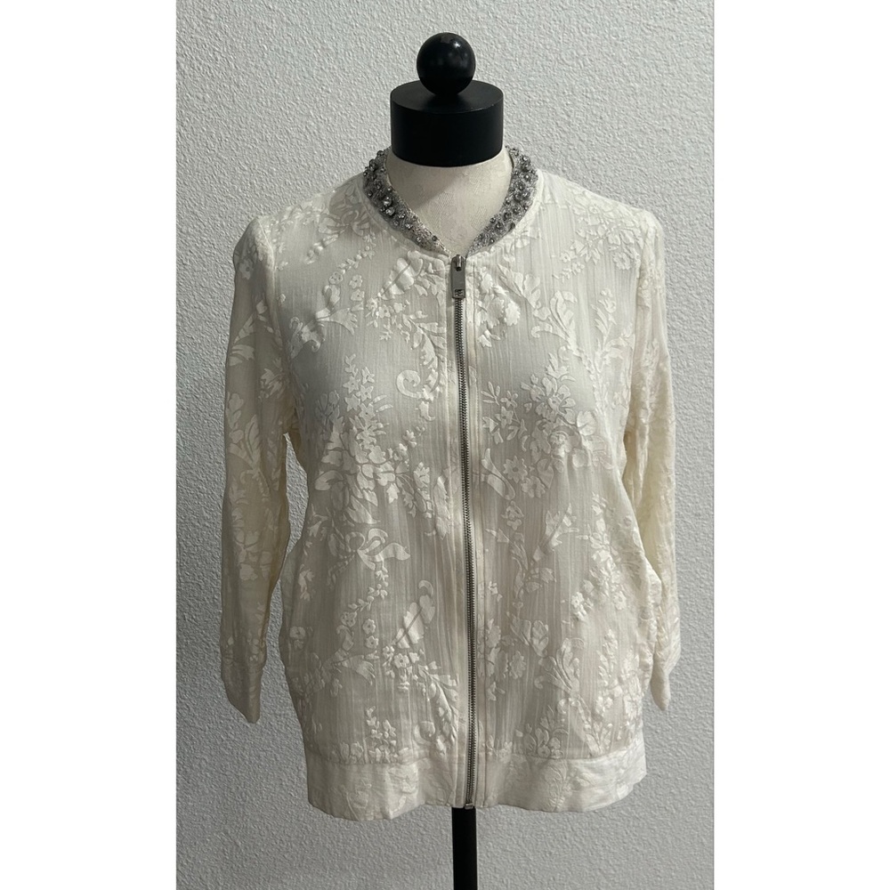 River Island Women’s White Bomber Jacket 10/ Medium Lightweight Embossed Beaded